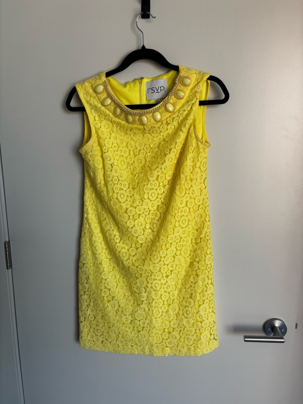 RSVP Yellow Lace Sleeveless Shift Dress with Beaded Collar